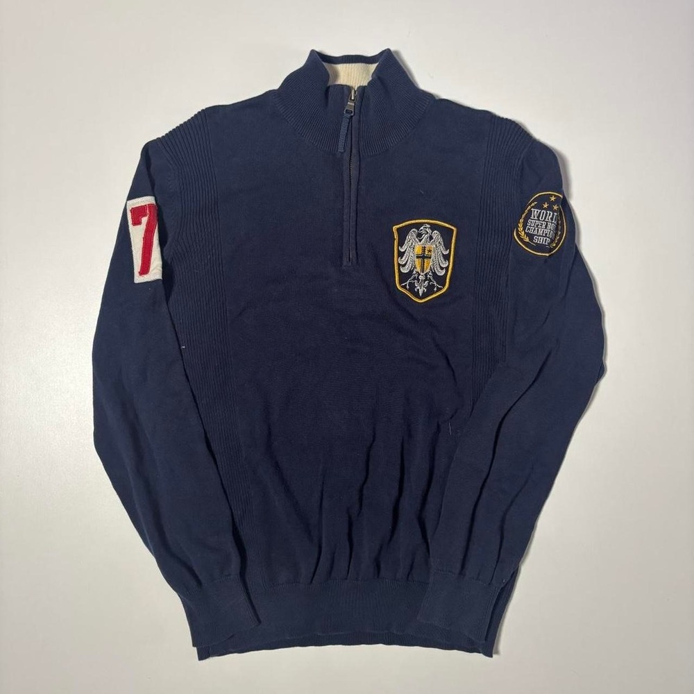 Celio Navy Crest Quarter Zip Knit Sweater - L